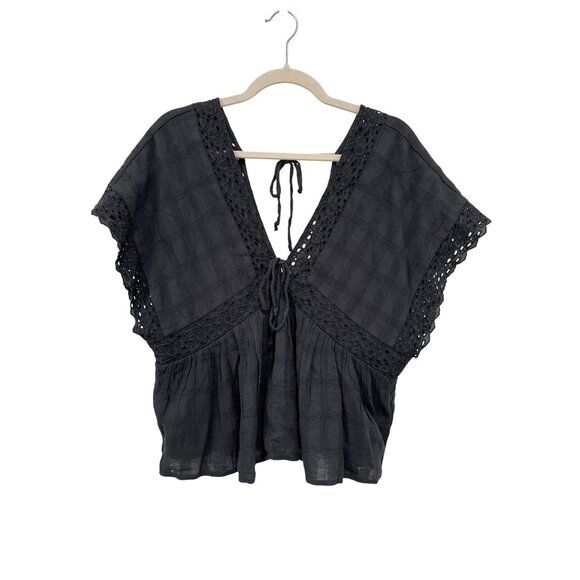 American Eagle Outfitters Babydoll Blouse Size Large Black V Neck Crochet Lace - Picture 1 of 9